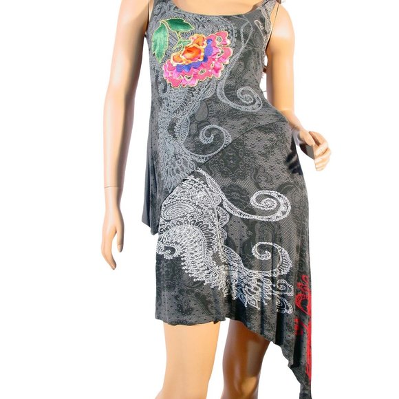 DESIGUAL Elba Asymmetrical Embroidered Mini Tank Dress S - Picture 1 of 9